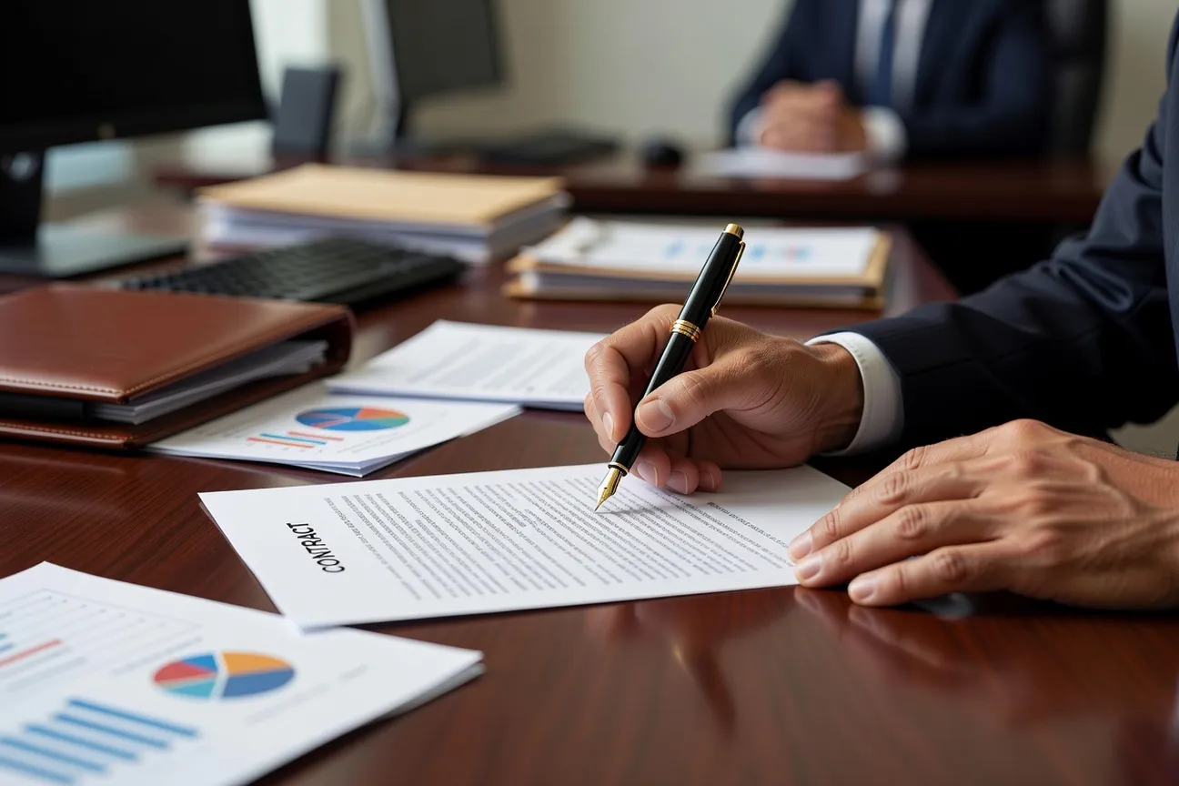 Conseiller expliquant une grille de critères de sélection d’agence matrimoniale à un client