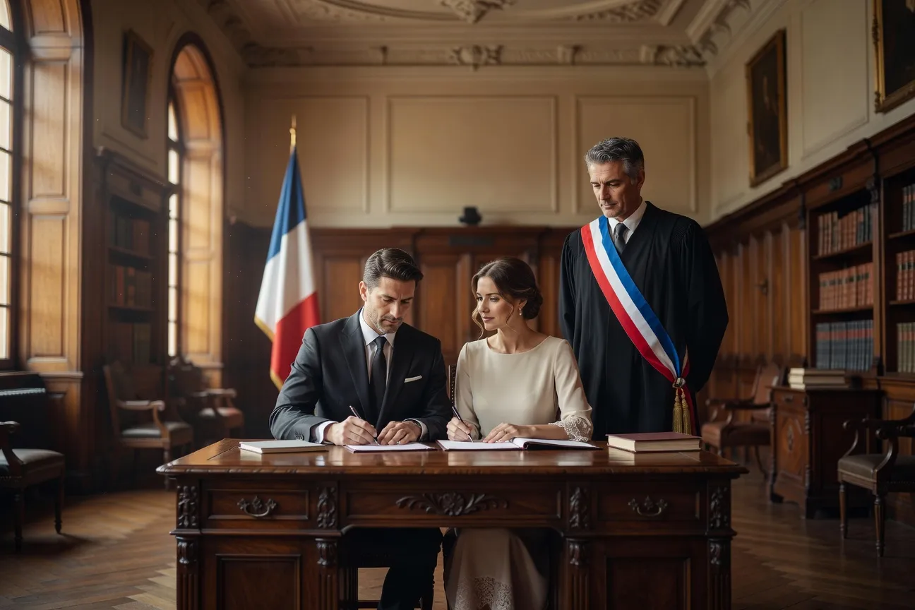 Cérémonie civile de mariage franco-russe en mairie française, signature des registres devant le maire