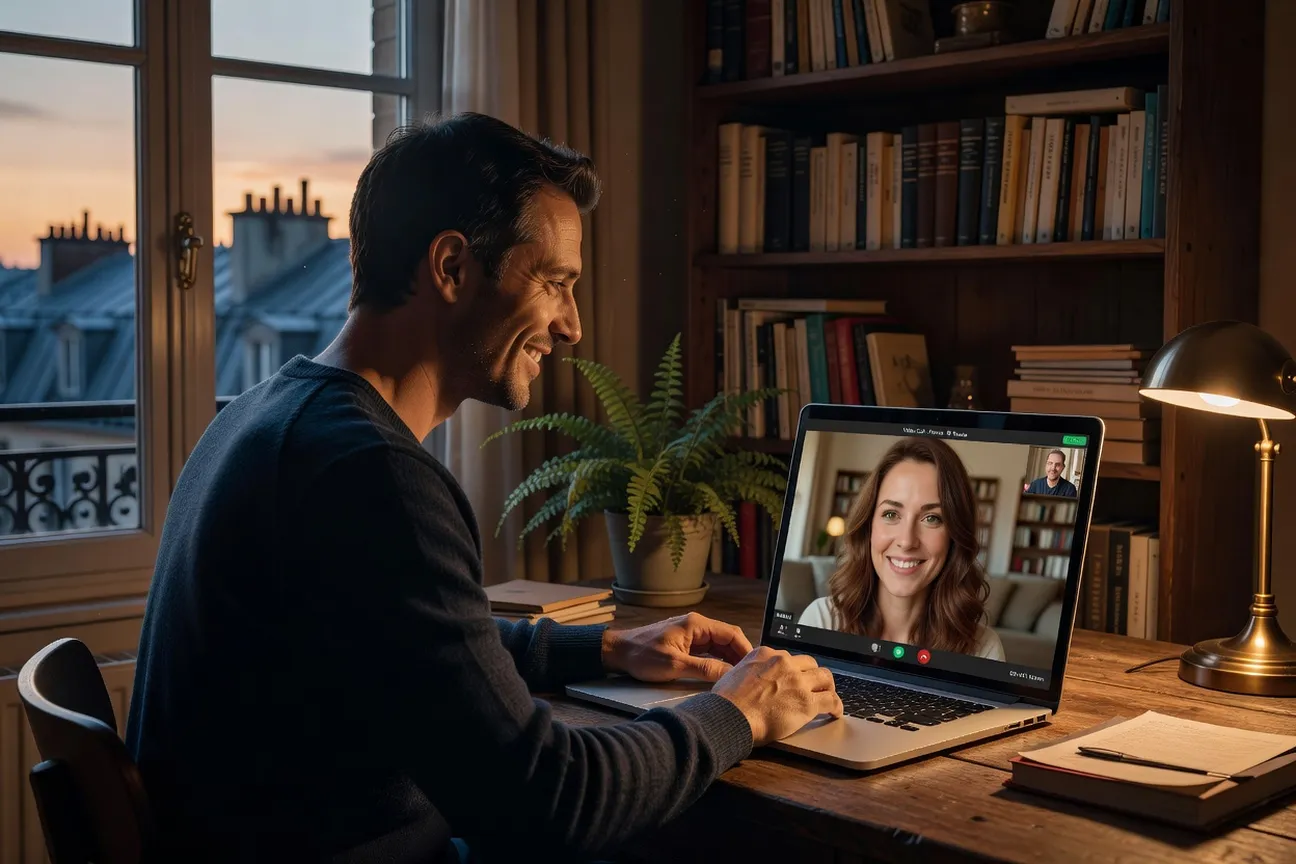 Couple souriant lors d’un appel vidéo international, homme français et femme russe