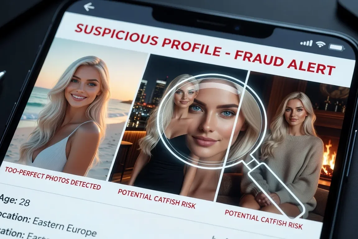 Smartphone affichant un profil de femme russe suspect avec photos trop parfaites