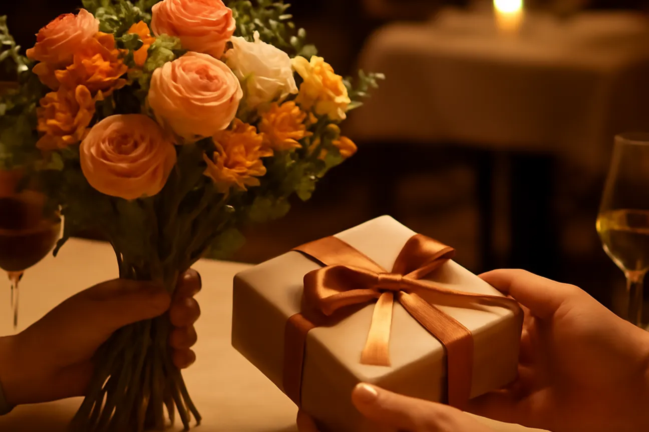Bouquet de fleurs et cadeau offerts lors d’un premier rendez-vous sérieux