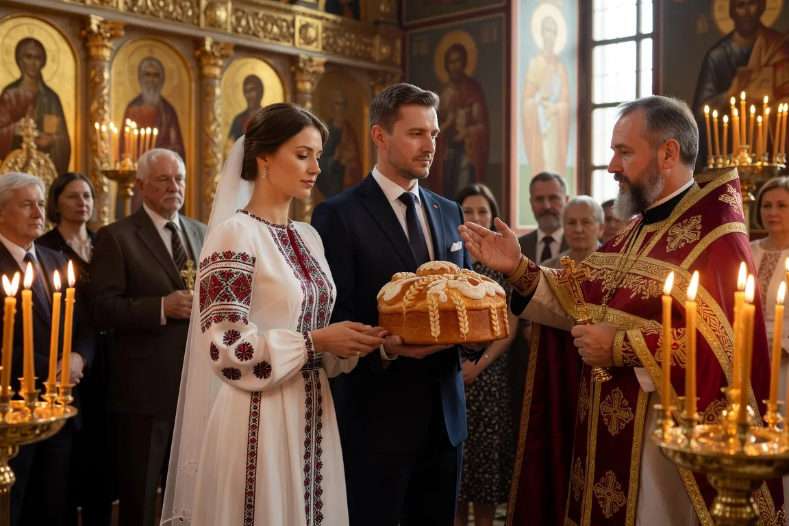 Cérémonie de mariage slave moderne avec éléments traditionnels intégrés, couple franco-russe