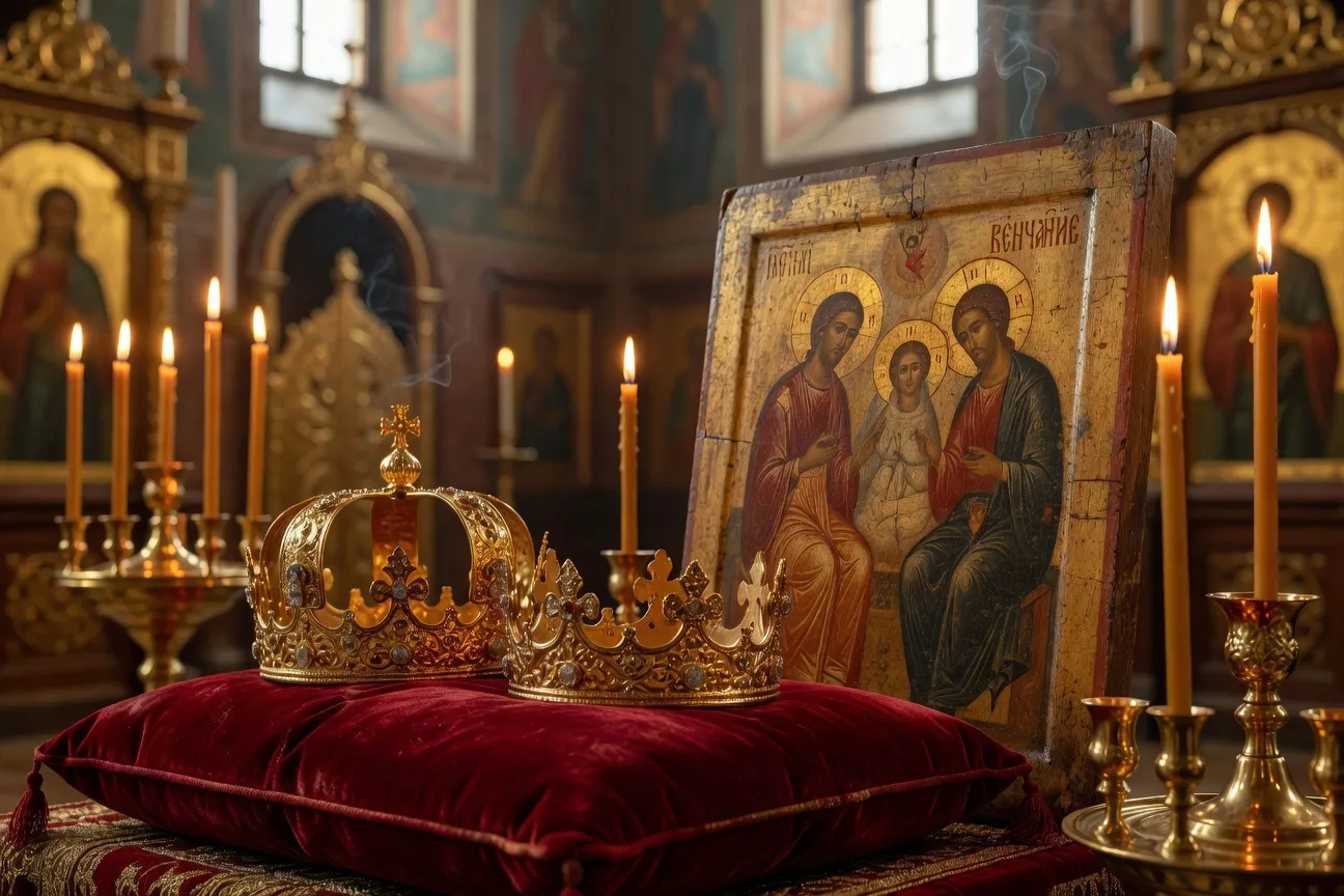 Icone de mariage orthodoxe representant les couronnes traditionnelles slaves, art religieux russe