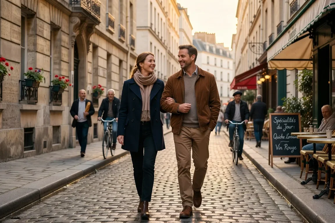 Couple franco-russe dans un quartier parisien aprĂšs installation en France