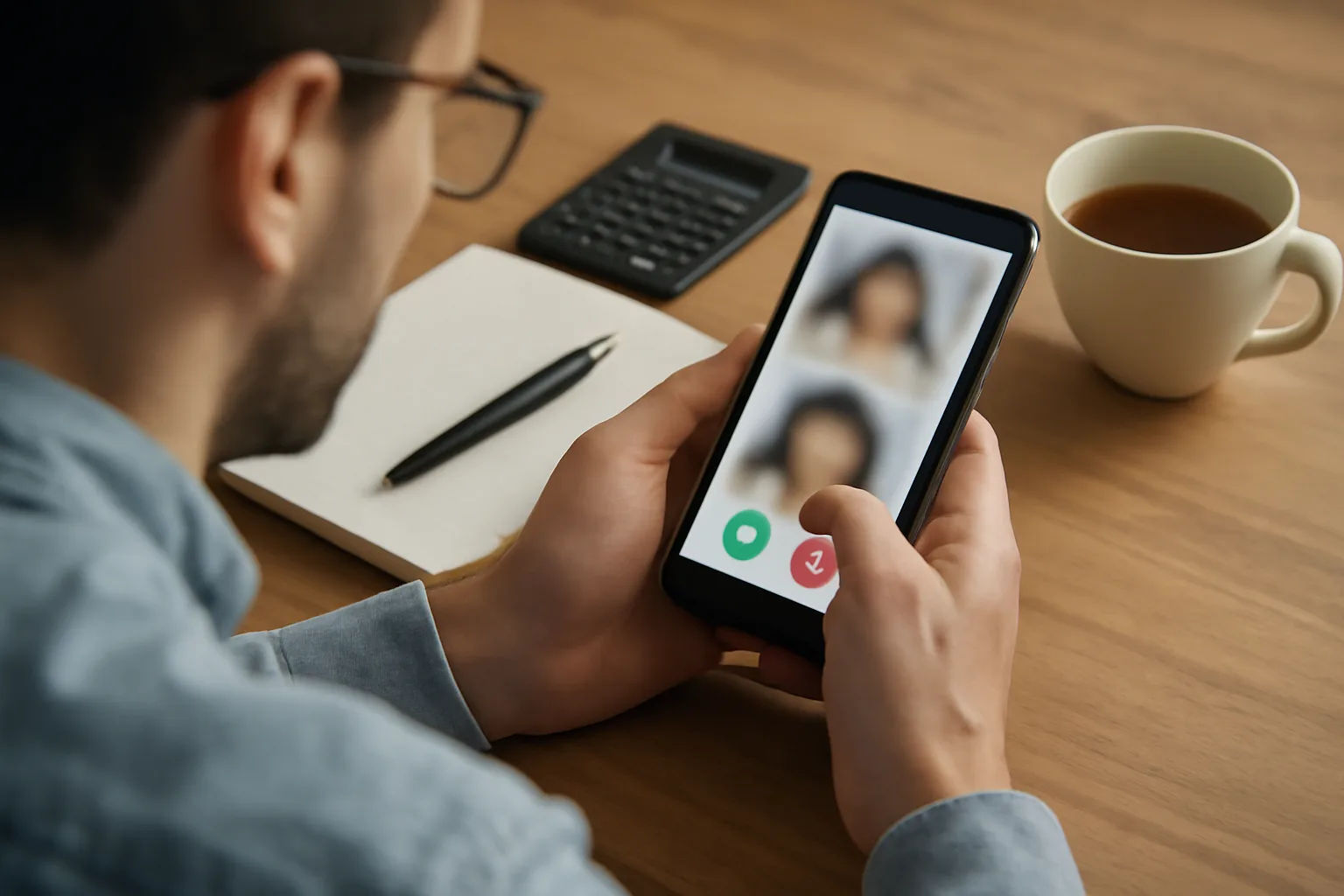 Homme comparant sur son smartphone les profils d'un site de rencontre russe, carnet et calculatrice sur le bureau