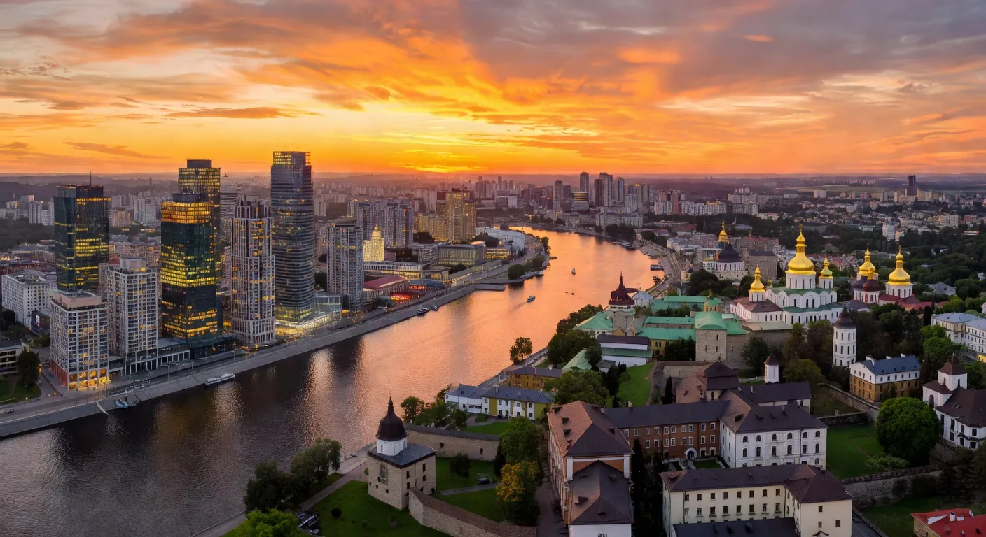 Panorama de Kiev au coucher du soleil
