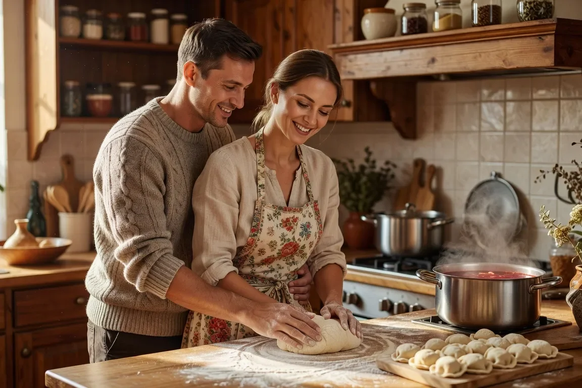 Cuisine traditionnelle russe partagee dans la complicite avec une femme slave