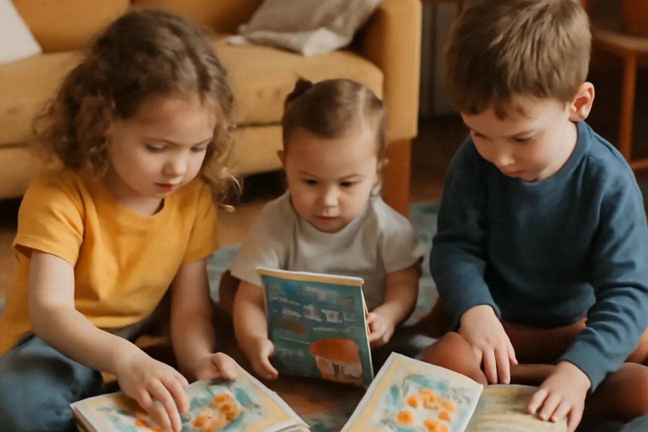 Enfants bilingues jouant avec des livres en français et en russe